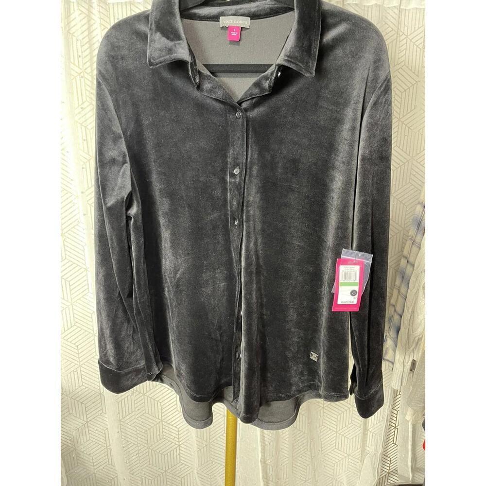 NWT Vince Camuto Women's Velour Button-Front Top Black Size L MSRP $79